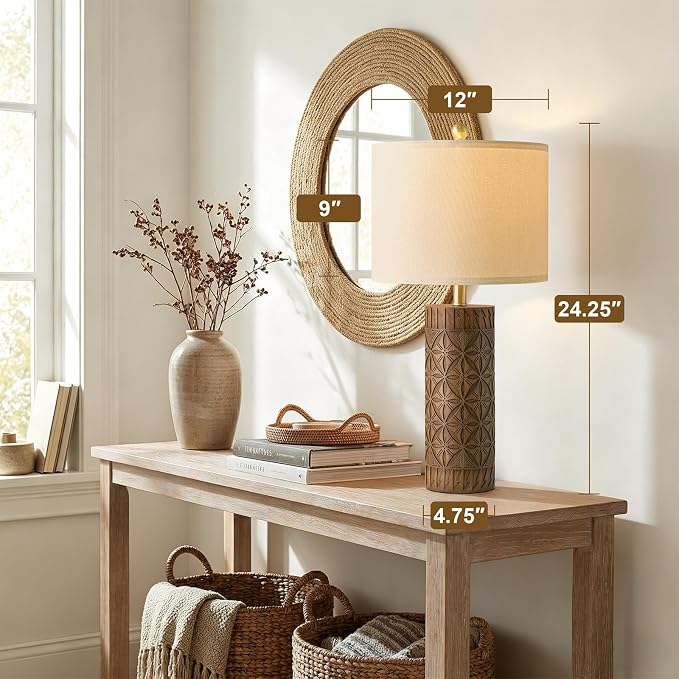 BOBOMOMO 24.25" Modern Farmhouse Table Lamps Set of 2, Geometric Wood Grain Resin Bedside Lamps for Nightstand, Rustic Lamps for Living Room, Bedroom, Entryway, Home Decor, Linen Shade