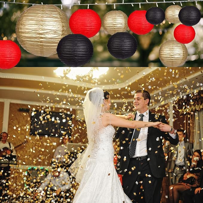 12Pcs Paper Lanterns 6”, 8”, 10”, 12”,Paperlanterns Party Decoration, Black Red Gold Paper Lanterns for Wedding, Bridal, Birthday, Outdoor, Home, Garden, Holiday and Party.