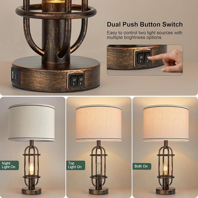 Reaketon Table Lamps for Living Room Set of 2, 22.3" Farmhouse Lamps for Nightstand, Industrial Table Lamps for Bedroom with USB Ports, Retro Bronze