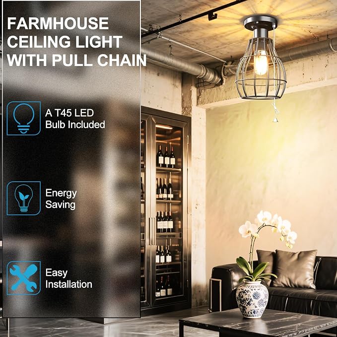 Lightdot Farmhouse Flush Mount Ceiling Light with Pull Chain Industrial Ceiling Light Fixture Rustic Black Metal Cage Close to Ceiling Lamp E26 Base for Closet Hallway Foyer Kitchen-4Pack