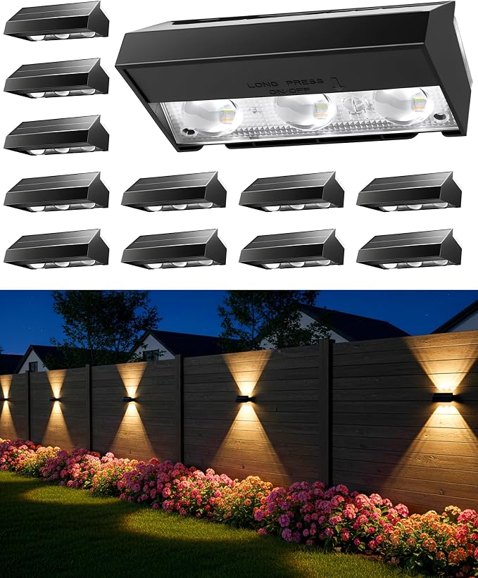 Solar Fence Lights Outdoor Waterproof 12 Pack, 3 Modes 3000K/4500K/6000K | 6 LEDs Up and Down Fence Lights Solar Powered for Outside, Deck Lighting for for Backyard/Garden/Patio/Garage Wall Decor