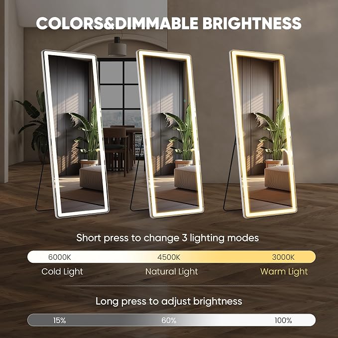 26"x71" LED Full Length Mirror with Stand, Full Body Wall Mirror | LED Lights 3 Color Lighting, Wall Hanging or Leaning, Floor Standing, Modern Simple Home Wall Decor