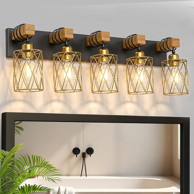 IZORRO Farmhouse Bathroom Vanity Light, 5-Light Wood Bathroom Light Fixtures Over Mirror, Black and Gold Industrial Vanity Lights with Metal Shade, Rustic Restroom Lighting Fixtures