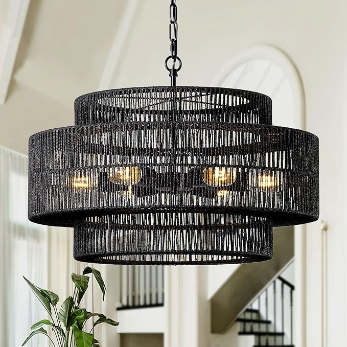 23.6" Black Large Boho Rattan Chandelier Light Fixture, 6-Light Rattan Hand-Woven Rustic Chandelier Drum Pendant Light Fixture for Dining RoomBedroom Living Room Entryway Foyer
