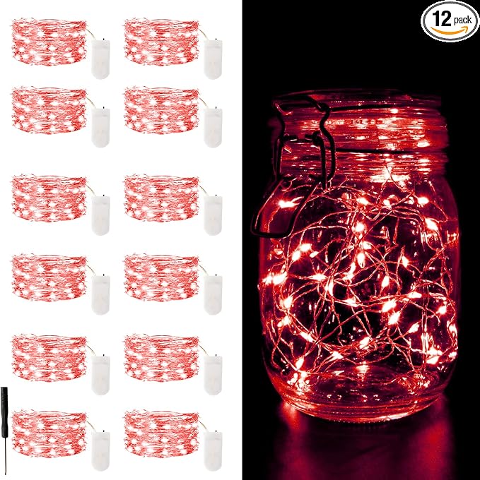 12 Pack Fairy Lights Battery Operated 7FT 20LED Silver Wire String Lights | Waterproof Red Christmas Lights Outdoor, Firefly Mini Lights for Bedroom Party Birthday Wedding Indoor Decorations Home Decor