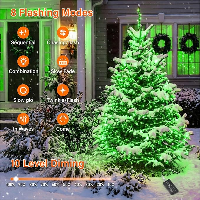 ZSJWL Rechargeable Fairy Lights with Remote，66ft 200 LED Outdoor Battery String Lights with DIY Timer & Light Sensor, Waterproof Dimmable Twinkle Light for Tree Christmas Indoor, Green