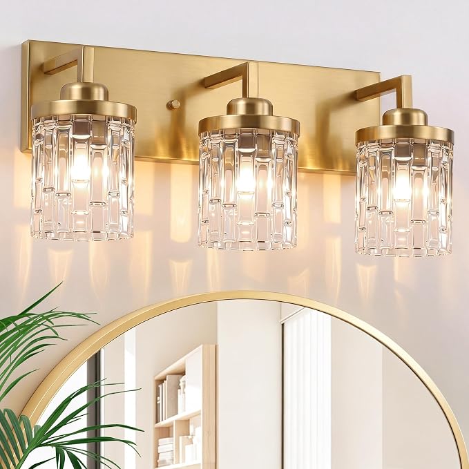 maesta Gold Bathroom Light Fixture,3 Light Modern Vanity Light Over Mirror | Modern Vanity Light, Gold Metal & Crystal Glass Fixture, Anti-Rust, Easy to Install for Bathroom Hallway Bedroom Entryway