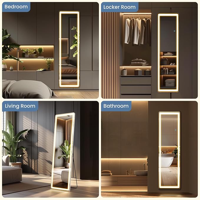 16"x60" LED Full Length Mirror with Stand, Full Body Wall Mirror | LED Lights 3 Color Lighting, Wall Hanging or Leaning, Floor Standing, Modern Simple Home Wall Decor