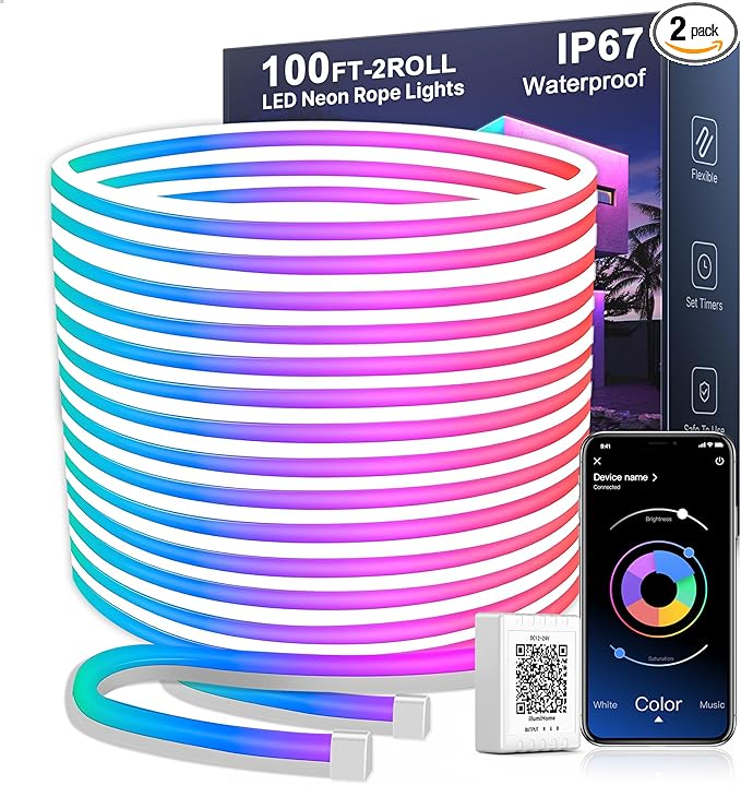 Nexillumi 100FT Neon LED Rope Lights IP67 Waterproof LED Lights for Bedroom Flexible LED Light Strip with Remote and APP Control RGB Lighting Strip for Indoors Outdoors Bedroom Room Home Decor