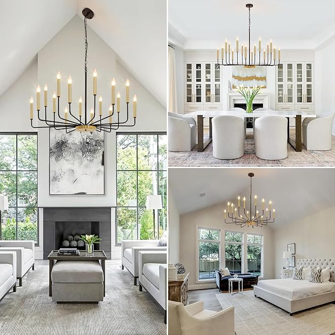 Black and Gold Chandelier, 16-Light Farmhouse Chandelier for Dining Room Lighting Fixtures Hanging, Industrial Modern Chandeliers for Dining Room Living Room Foyer Entry Staircase Kitchen