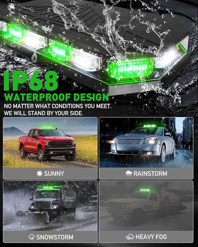 HLauto 406D Rooftop Emergency Strobe Lights Bar, 102 LED Green White Mini Beacon Safety Flashing Warning Traffic Lights Bar w/Magnetic Base for 12-24V Trucks, Construction Vehicles, Snowplow, Cars