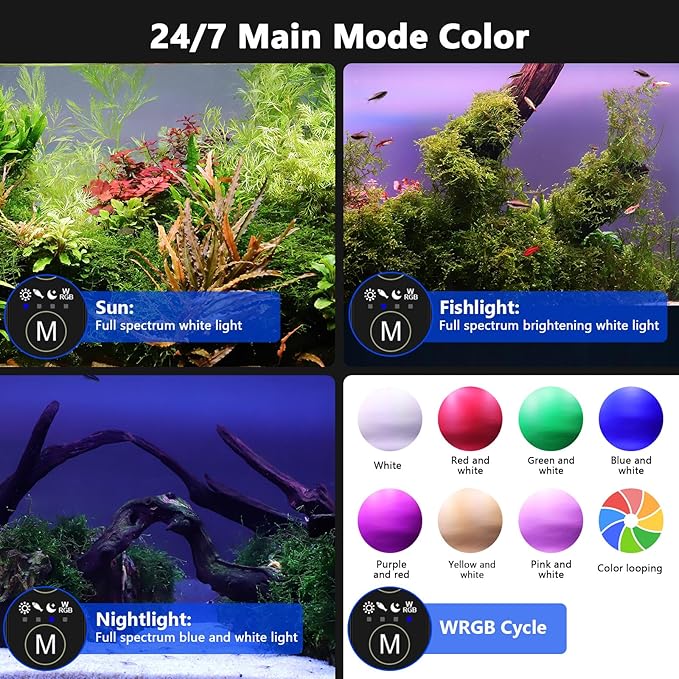 hygger New Mode 24/7 Timer LED Aquarium Light, Auto On Off Full Spectrum Fish Tank Light Fish Colorful/Sun/Nightlight/Wrgb Cycle Mode for Freshwater Plants Tank (for 39in~45in Long Tank)