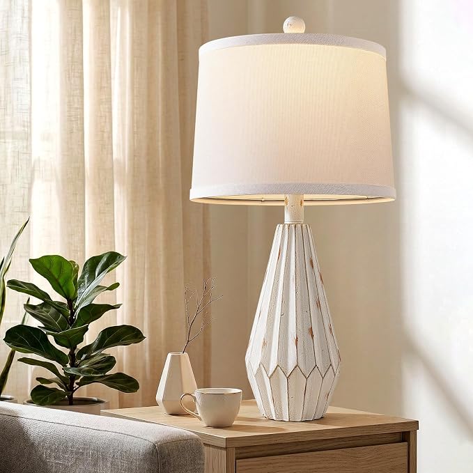 Hamucd Set of 2 Modern Farmhouse Lamp for Living Room, Beige Rustic Resin Beside Table Lamps with Linen Shade, Vintage Lamps for Nightstands Bedroom Entryway Decor