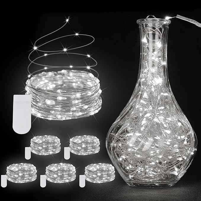 6 Pack Fairy Lights Battery Operated String Lights - 7ft 20 LED Waterproof Silver Wire Firefly Lights for DIY Wedding Décor Table Centerpieces Craft Mason Jars Party Decor(White)