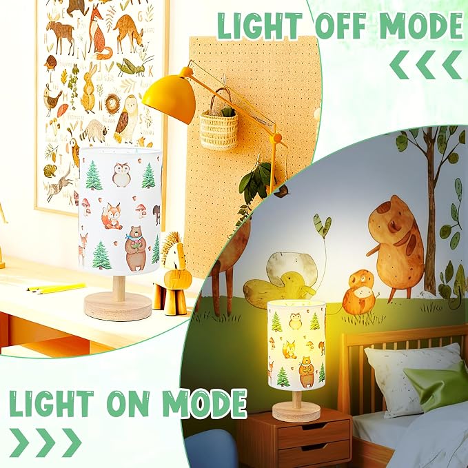 Woodland Animals Table Lamp - Woodland Kids Bedside Lamp with Linen Wooden Nightstand Cartoon Nursery Lampshade for Kids Room Decor