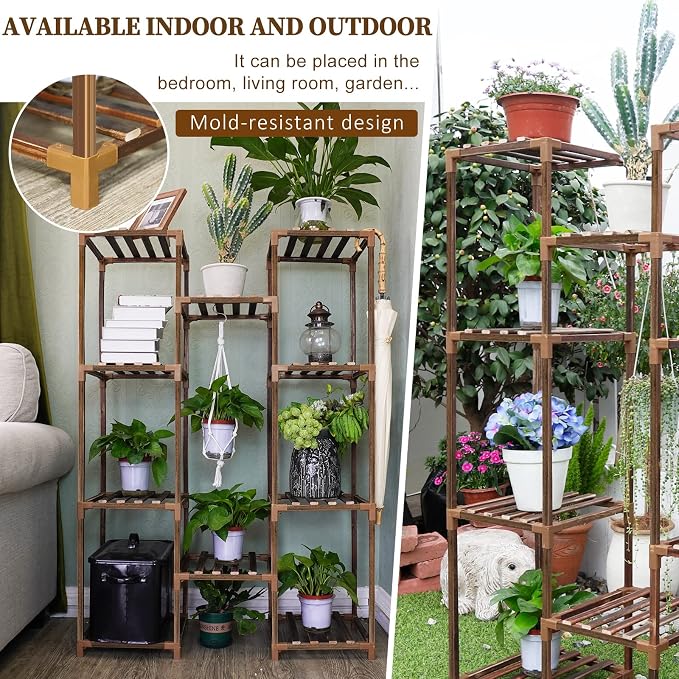 Plant Stand Indoor Outdoor, Tall Plant Shelf for Multiple Plants, 10 tiers 11 Pot Large Plants Holder Rack Wood Plant Shelves for Room Corner Balcony Garden Patio