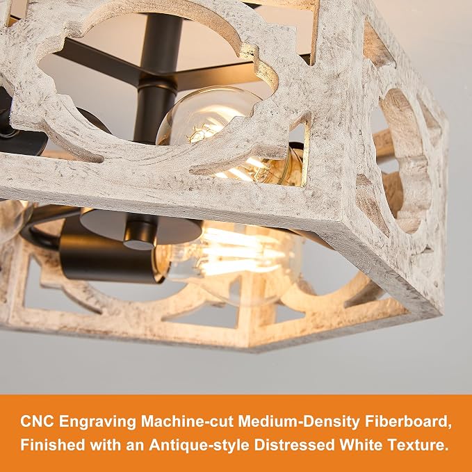 Farmhouse Semi Flush Mount Ceiling Light,Distressed White Hexagon Rustic Carved Wood Fixture for Kitchen Bedroom Hallway Dining Room Entryway,Close to Ceiling Light Fixtures,3-Light
