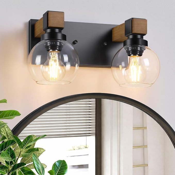 Farmhouse Bathroom Vanity Light, 2-Light Wood Bathroom Light Fixtures Over Mirror, Black Vanity Lighting Fixtures with Glass Shades, Rustic Bathroom Lighting for Living Room Bedroom Hallway