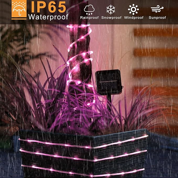 2 Pack Solar Rope Lights Outdoor Waterproof, Total 66FT 270 LED Solar String Lights for Outside 8 Modes, Solar Powered Fairy Light for Patio Pool Landscape Walkway Party Holiday Decorations, Pink