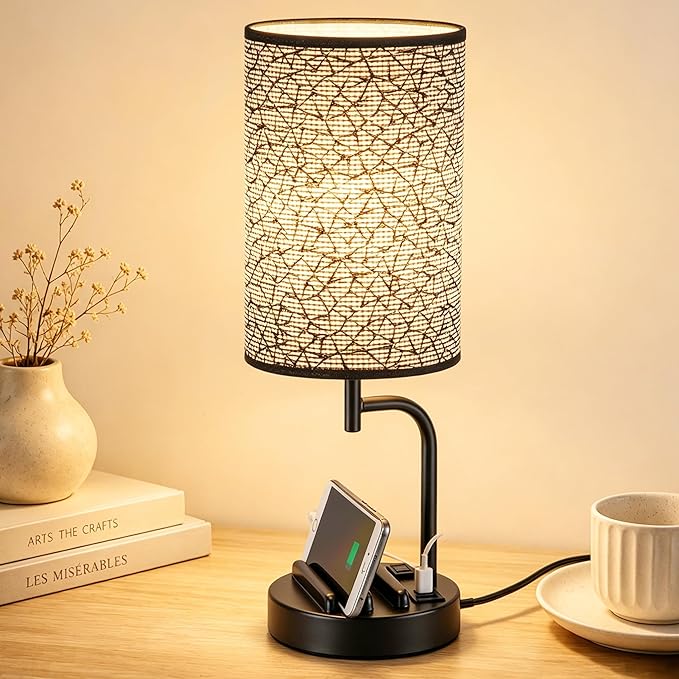 Dreamholder Touch Control USB Table Lamp with USB C/A & AC Outlet, 3-Way Dimmable Bedside Lamp, Modern Nightstand Lamps for Bedroom Living Room Guest Room Office, Bulb Included, Miracle Black