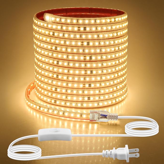 Aclorol 120V LED Strip Light 20FT Outdoor Rope Lights Waterproof Warm White | Plug and Play with 3FT Power Cord, Self-Adhesive, 120LEDs/m, CRI90+, Flexible and Cuttable for Bedroom Cabinet Hallway Patio