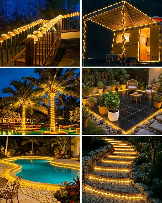 btfarm Solar Rope Lights, 120LED 46FT String Lights Outdoor Waterproof | 2 Pack 8 Modes, Timer Memory Function, Tube Trampoline lighting for Outside Garden Tree Christmas Yard Patio Decor,Warm White