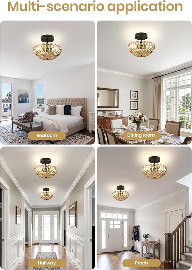 Semi Flush Mount Ceiling Light, Mini Vintage Black Close to Ceiling Light Fixture with Glass Shade, Modern Lighting for Bedroom Hallway Kitchen Laundry-Amber