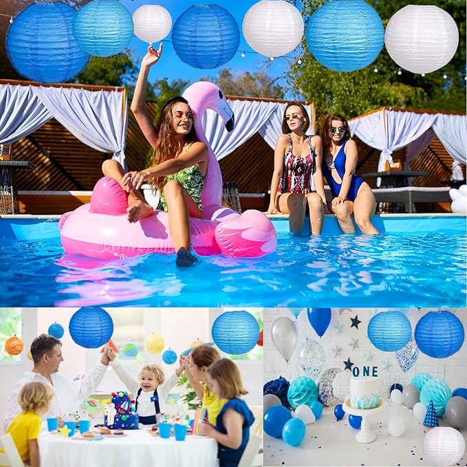 12Pcs Paper Lanterns 6”, 8”, 10”, 12”,Paperlanterns Party Decoration, Blue Paper Lanterns for Wedding, Bridal, Birthday, Outdoor, Home, Garden, Holiday and Party.