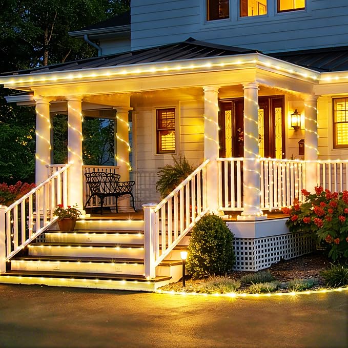 KNONEW Solar Rope Lights Outdoor 2 Packs Total 600LED 100FT Solar String Light Outside Waterproof with 8 Modes Clear Thin Tube for Pool Patio Garden Fence Camping Yard Deck Trampoline（Warm White）