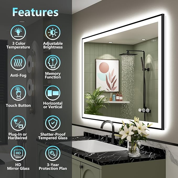 40x38 Black LED Bathroom Mirror, Backlit & Front Lit Lighted Mirror | Metal Framed Anti-Fog Vanity Mirror with Lights, 3 Color Dimmable, Memory, Tempered Glass, CRI95, IP54, Horizontal/Vertical