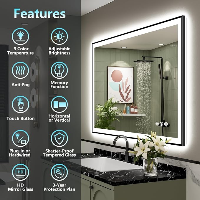 44x30 Black LED Bathroom Mirror, Backlit & Front Lit Lighted Mirror | Metal Framed Anti-Fog Vanity Mirror with Lights, 3 Color Dimmable, Memory, Tempered Glass, CRI95, IP54, Horizontal/Vertical