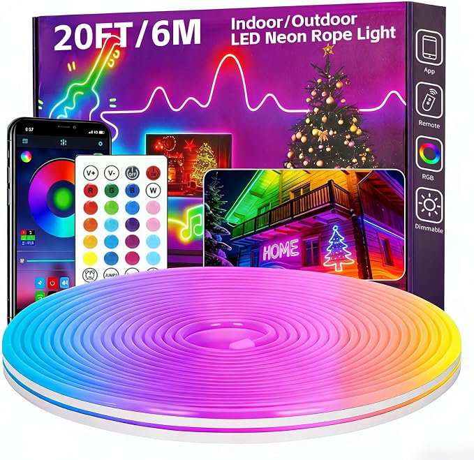 20FT RGB LED Neon Rope Lights, App & Remote Control, Flexible Waterproof IP65 Led Strip Lights, Music Sync Color Changing Multiple Modes Neon Lights for Bedroom Gaming Room Indoor & Outdoor Decor