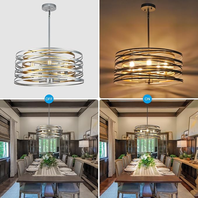 ACNKTZ 19.7'' Double Round Metal Chandelier, 5-Light Modern Farmhouse Dining Room Lights Over Table, Gold Chandelier for Hallway Kitchen Island Entryway Stairwell, Silver with Gold Interior