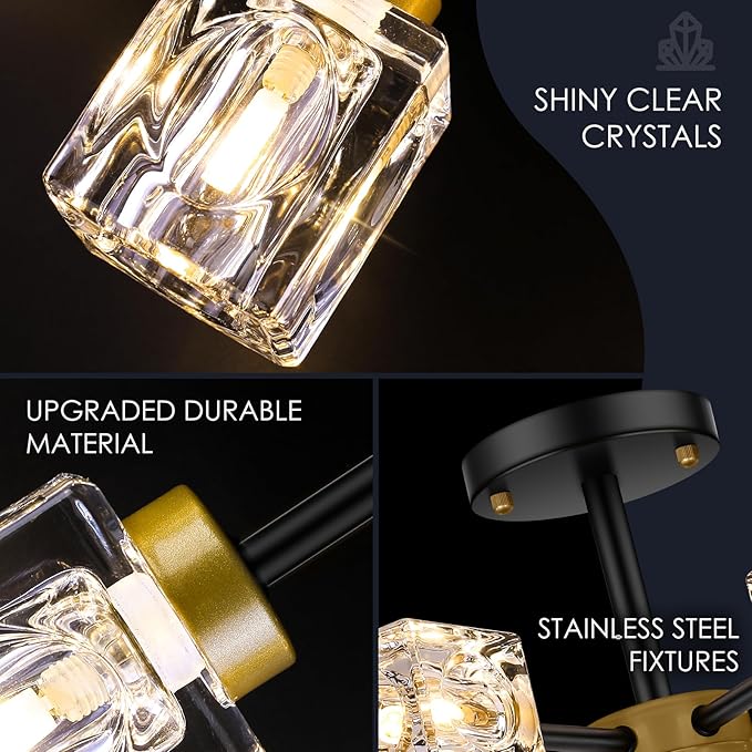 Black Modern Chandelier, 6-Light Crystal Semi Flush Mount Ceiling Light Fixture, 17.3" Farmhouse Kitchen Pendant Light with Cube Shade, Industrial Sputnik Chandeliers for Dining Room, Bedroom
