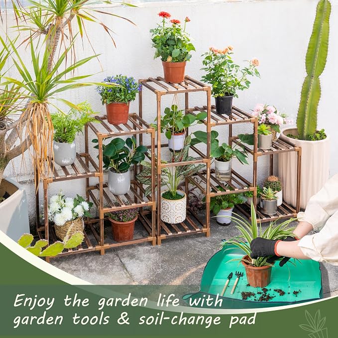 Wood Plant Stand Indoor Outdoor Corner Plant Shelf Stand, 5 Tiered 10 Potted Flower Plant Stands for Indoor Plants Multiple, Plant Shelves Stands Rack for Living Room, Patio, Balcony