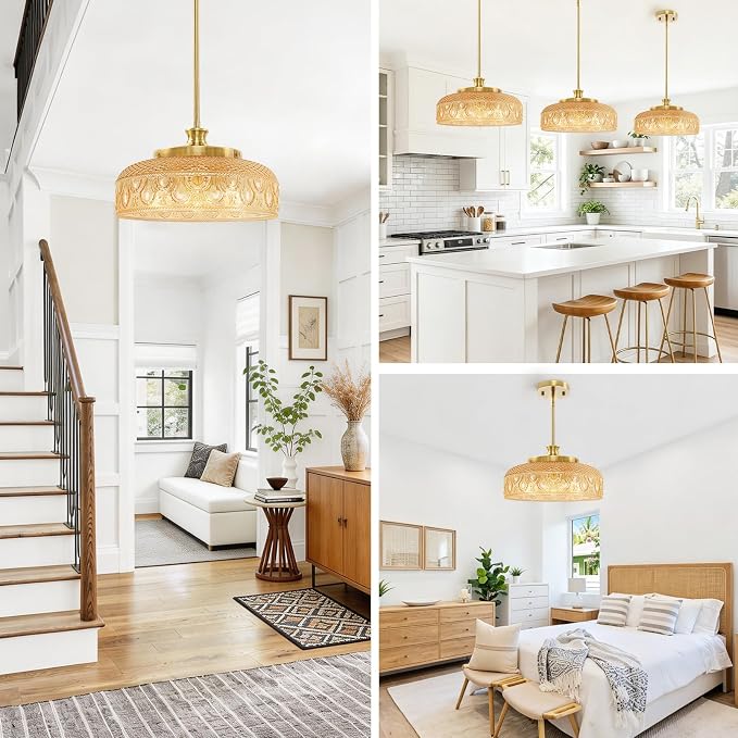 Lamomo Adjustable Large Pendant Lighting Kitchen Island for Dinning Room | Pendant Light with Clear Glass Lampshade over Sink, Amber Ceiling Lights Kitchen Pendant Light for Indoor Decor, No Bulbs