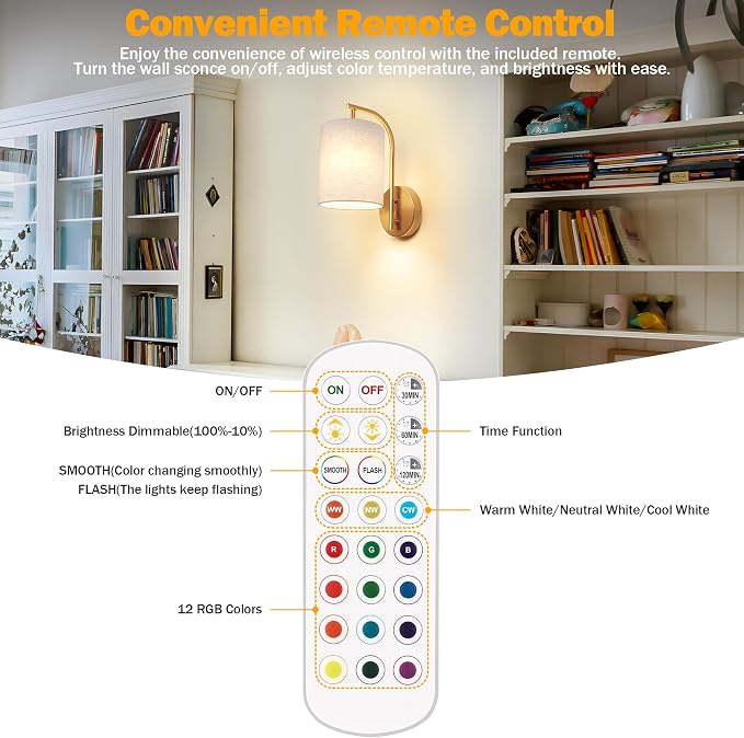 Battery Operated Wall Sconce Set of 2, Gold Wall Light Fixture | Rechargeable Wall Mount Light, Dimmbale Bulb & Remote, 12 RGB Colors & Timer, Wireless Wall Lamp Linen Shade, Bedroom Hallway