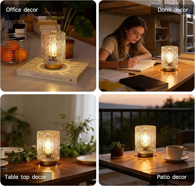 ULAROOM Battery Operated Lamp,Cordless Glass Accent Lamp with Timer,Clear | Small Glass Accent Lamp with Timer for Bedside,Warm White Cozy Ambient Decorative Table Lamp for Shelf/Dorm/Tabletop/Entryway