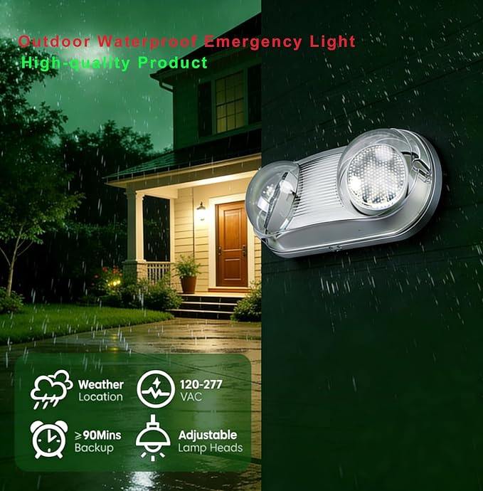Outdoor Wet Location Emergency Light, Waterproof LED with Battery Backup, Adjustable Heads, UL-Listed, 120-277 Commercial Hardwired Emergency Lighting GN-10WL