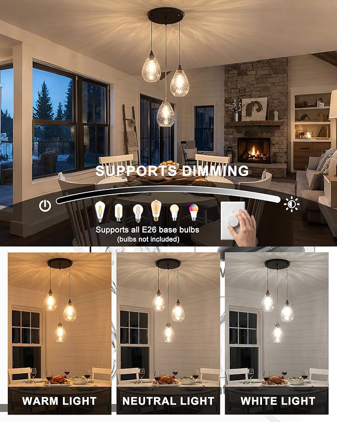 Black 3-Light Pendant Lighting, Modern Dining Room Light Fixture Over Table with Hammered Glass, Cluster Hanging Lights for Kitchen Island Dining Room