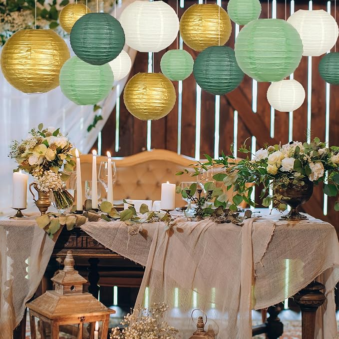 21-Pack Sage Green Paper Lanterns, Gold Round Hanging Decorations | Set for Graduation, Wedding, Bridal Shower, Birthday, Neutral Baby Celebration & Classroom Decor, 4/6/8/10 Inches