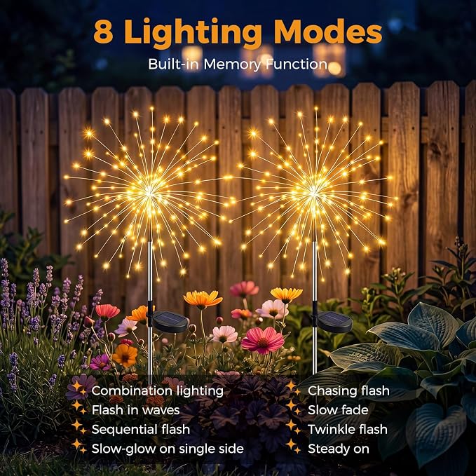 btfarm 4 Pack Solar Garden Lights Outdoor, 8 Modes Firework Lights Outside | 120LED, Waterproof Fairy Twinkle Light Solar Powered for Yard Christmas Pathway Lawn Pool Patio Decorative, Warm White