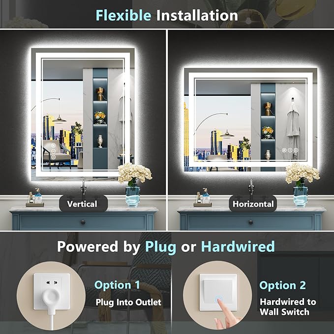 28x36 LED Bathroom Mirror, Backlit & Front Lit Lighted Mirror | Anti-Fog Vanity Mirror with Lights, 3 Color Dimmable, Memory, HD Tempered Glass, CRI95, IP54, UL Listed, Horizontal/Vertical