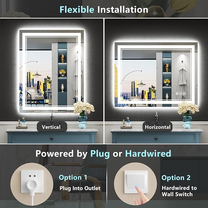 24x30 LED Bathroom Mirror, Backlit & Front Lit Lighted Mirror | Anti-Fog Vanity Mirror with Lights, 3 Color Dimmable, Memory, HD Tempered Glass, CRI95, IP54, UL Listed, Horizontal/Vertical
