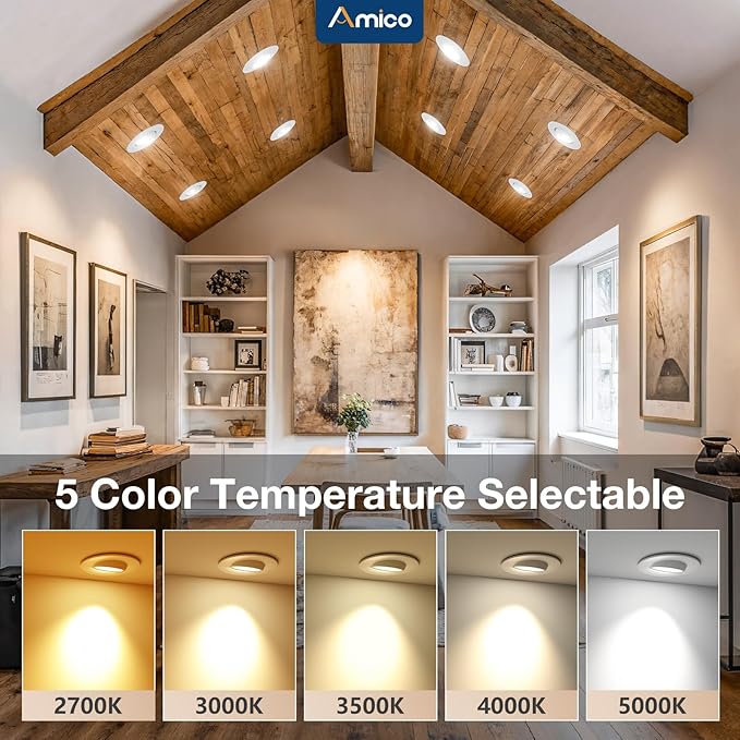 Amico 12 Pack 3 Inch 5CCT Eyeball LED Recessed Lighting, 360° Adjustable Rotation Gimbal Directional Downlight, Dimmable, 2700K/3000K/3500K/4000K/5000K Selectable, 8W 600LM CRI90+, ETL&FCC, White