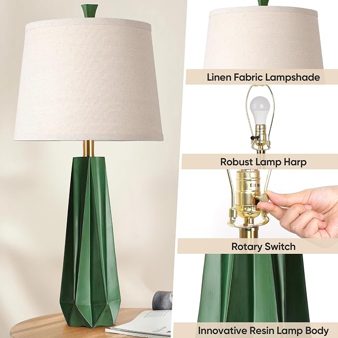 WIHTU 27" Resin Table Lamp Set of 2, Green Desk Lamp, Beside Lamp for Decor | Prism-shaped Lamp Body, Rotary Switch, E26 Base, With Linen Shade, Desk Lamps for Living Room, Bedroom, 2 Bulbs Included