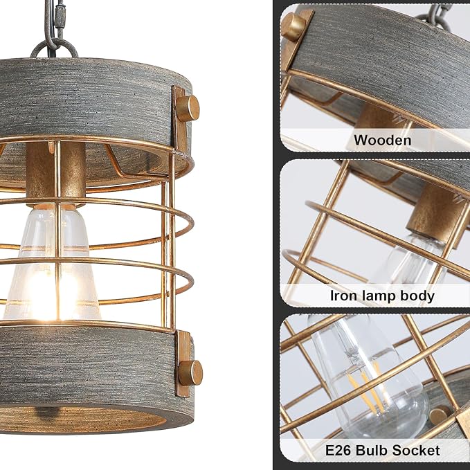 Farmhouse Pendant Light, Adjustable Metal and Wood Chandelier Light Fixture, Rustic Pendant Lighting for Kitchen Island, Bedroom, Dining Room and Entryway, Blue Gray