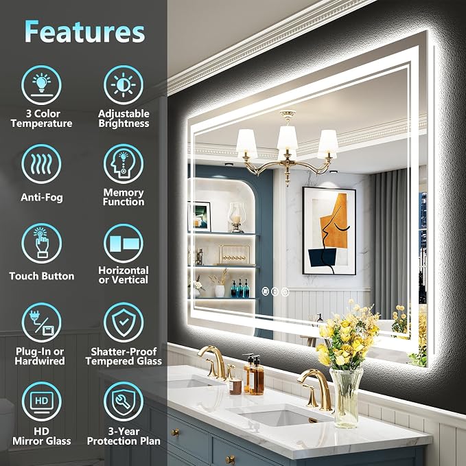 50x36 LED Bathroom Mirror, Backlit & Front Lit Lighted Mirror | Anti-Fog Vanity Mirror with Lights, 3 Color Dimmable, Memory, Shatterproof, Tempered Glass, CRI95, UL Listed, Wall Mounted
