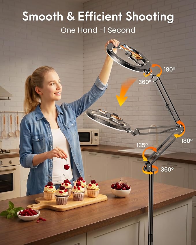 LUXSURE Ring Light Tripod for iPhone,Ring Light with Stand and Phone Holder,LED Overhead Camera Mount with Casters,Phone Tripod with Light and Remote for Video Recor