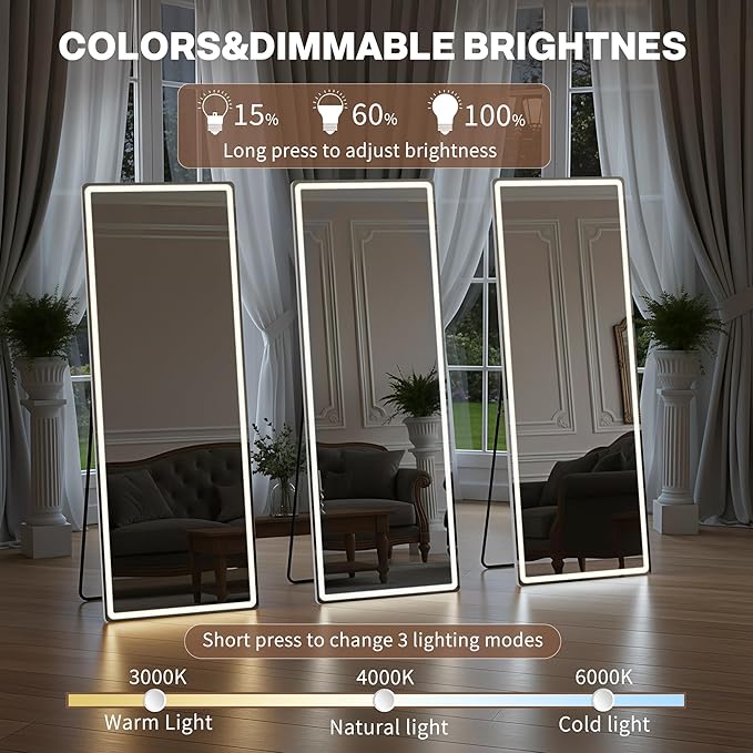 Full Length Mirror with LED Lights, 60"x16"Floor Mirror with Dimming & 3 Color Lighting, Free Standing Floor Mirrors, Lighted Full Body Mirrors for Bedroom, Dressing Room, Cloakroom